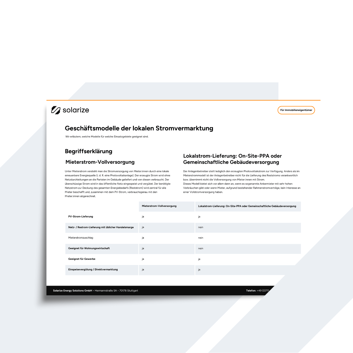 Handout: Lernen Sie die unterschiedlichen Geschäftsmodelle der lokalen Stromvermarktung (Mieterstrom-Vollversorgung vs. On-Site-PPA oder Gemeinschaftliche Gebäudeversorgung kennen!